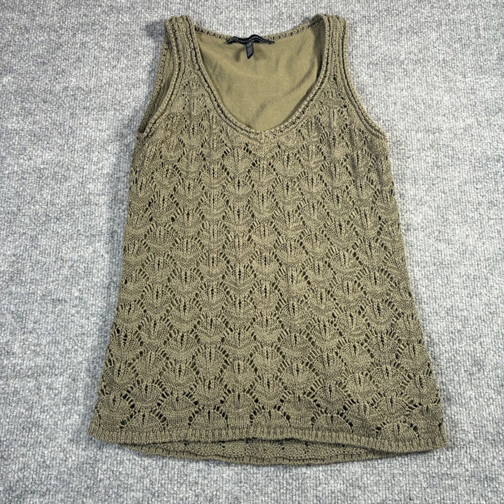 White House Black Market Tank Top Womens XSP Olive Green Crochet Knit Pointelle